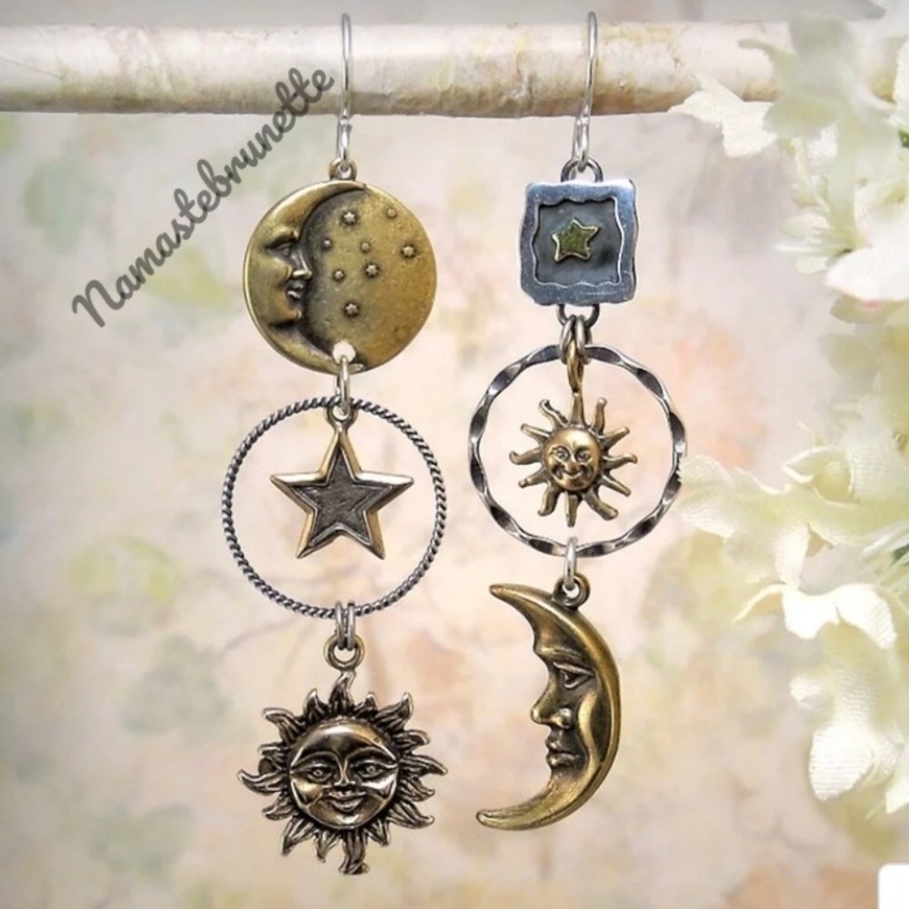 Metal Boho Celestial Sun Moon Star Dangle Earrings